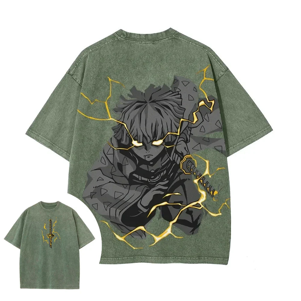Demon Slayer Men's Women's Washed T-Shirt Zenitsu Agatsuma Summer Spring Anime Tee Retro Distressed High Quality Short Sleeve