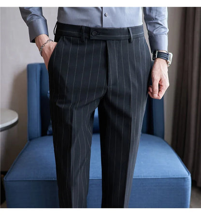 Autumn New Fashion Stripe Men's Suit Pants High Quality Straight Long Classic Business Elegant Slim Fit Casual Trousers 38-29