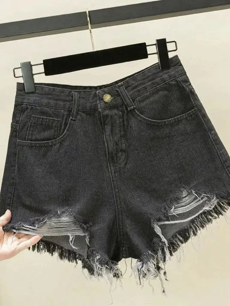 Summer Women Ripped Washed Hole Hight Waist Denim Pants Short Bermuda Pant Casual Tassel Tight Five-point Stitch Street Pants