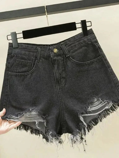 Summer Women Ripped Washed Hole Hight Waist Denim Pants Short Bermuda Pant Casual Tassel Tight Five-point Stitch Street Pants
