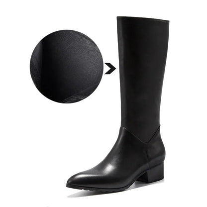 Italian Classic Men's Knee High Boots 5 Cm Heels Luxury Genuine Leather Comfortable Winter Warm Black Business Shoes Boots Man