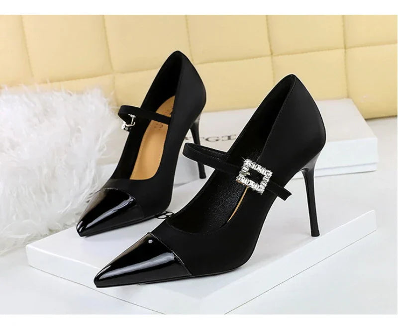Banquet High Heels Thin Heels Light Mouth Color-Blocked Pointed Toe Rhinestones One-Strip Ultra High Heels Single Shoes Elegant