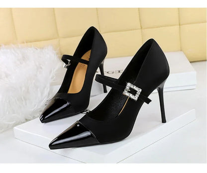 Banquet High Heels Thin Heels Light Mouth Color-Blocked Pointed Toe Rhinestones One-Strip Ultra High Heels Single Shoes Elegant