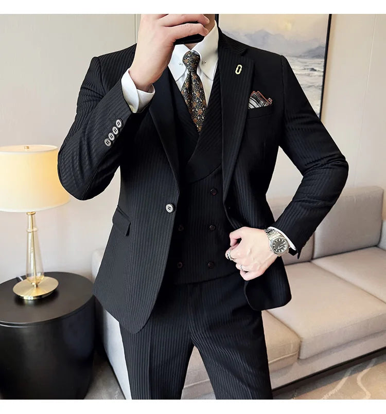 Luxury Stripe Men Suit Korean Version Fashion Elegant Slim Fit Tuxedo Formal Groom Wedding Social Suits