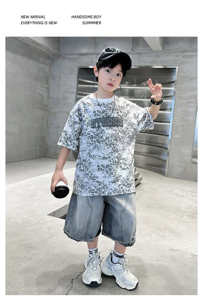 Baby Child Summer Cotton Suit With Shorts for Boy Leopard Print T-shirt + Denim Shorts Top and Bottom Clothes Set For Kids 2-14Y