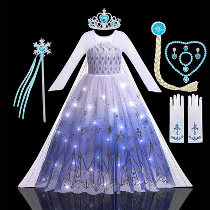2PCS LED Light Up Snow Queen Costume for Kids Girl Elsa Birthday Party Luxury Princess Cosplay Children Carnival Clothing Outfit