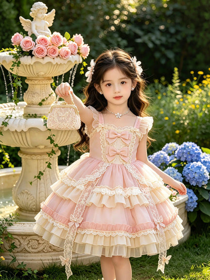 2026 New Summer Baby Girls Princess Lolita Dress Kids Sweet Pink Lace Bow Sleeveless Flower Girl Cake Dress Birthday Party Gown