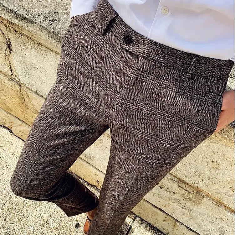 Coffee Brown Men Striped Plaid 3-Piece, Dark Blue Wedding Party Slim Fit Blazers Jacket and Vest with Pants, Asian Size M-5XL