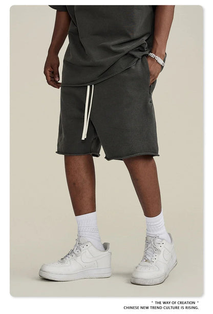 New Summer Men Retro Washed Shorts Unisex Drawstring Loose Edge 420gsm Solid Knee Length Cotton Pants Streetwears HY0589