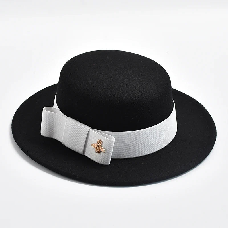 New Fedora Hat for Women Elegant Fashion Formal Wedding Decorate Church Cap Flat Top Bow Party Jazz Hat Chapeau Femme