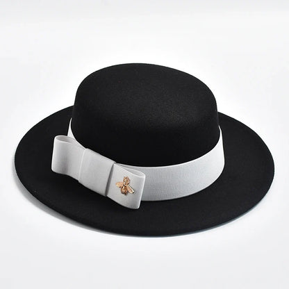 New Fedora Hat for Women Elegant Fashion Formal Wedding Decorate Church Cap Flat Top Bow Party Jazz Hat Chapeau Femme