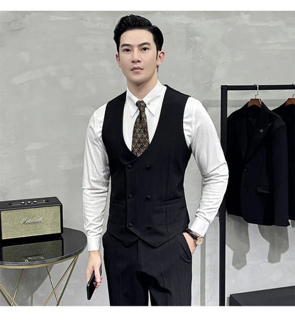 British Style Double-breasted Striped Vest With Pants Men Business Slim Fit Suit Vest 2 pieces Formal Groom Wedding Dress Vest