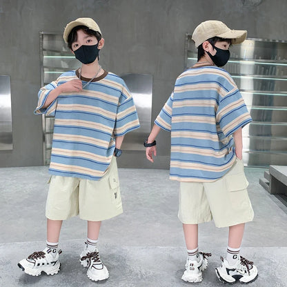 Children Summer Pink Blue Striped Suit Top and Bottom Clothes Set For Teen Boy New Fashion Tracksuit Outfit Kids Casual Clothing