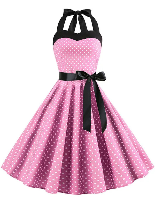 Women Polka Dot Print Summer Dress Sexy Retro White Halter Vintage Dress Robe Femme Pin Up Rockabilly Party Dress
