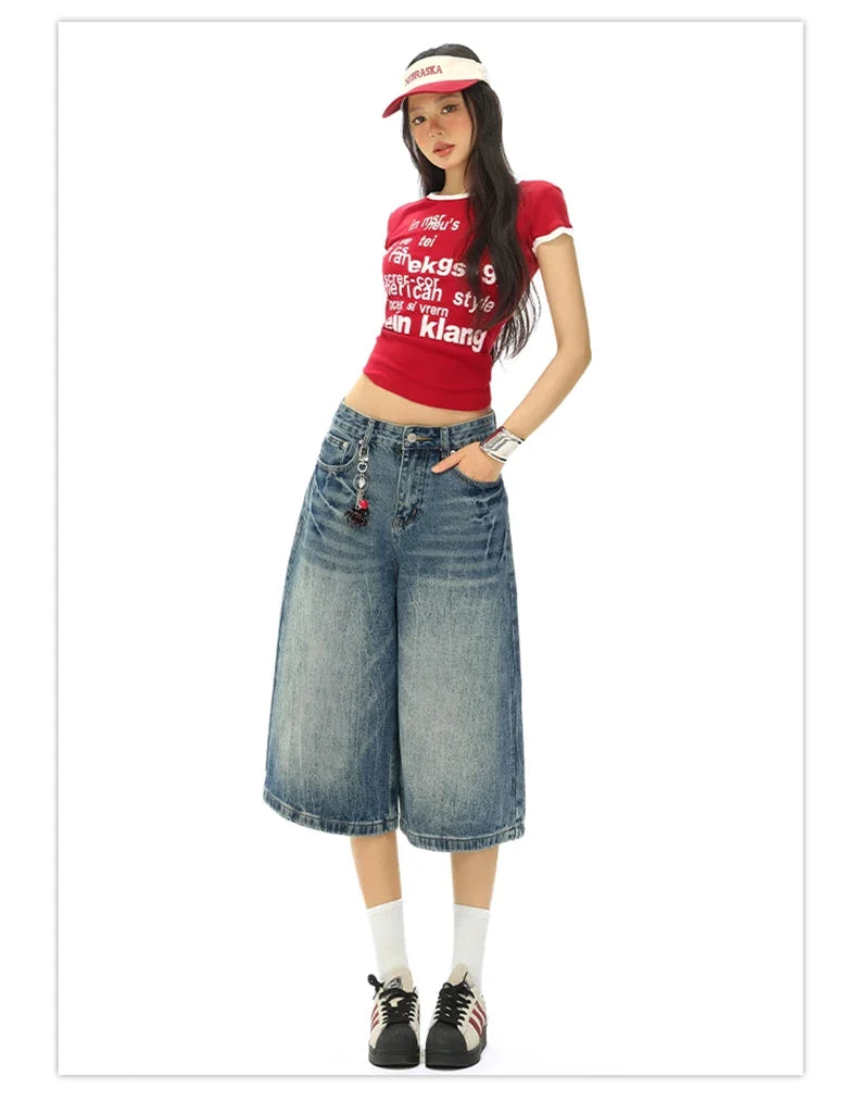 Vintage Washed Loose Straight Leg Denim Capri Men Women Lightning Print Streetwear Shorts