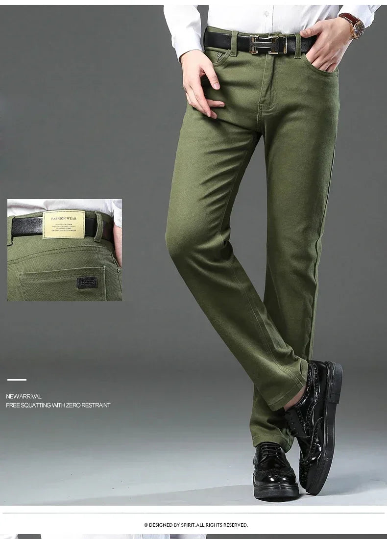 Large Size 42 44 Autumn 98% Cotton Men's Stretch Slim Jeans ArmyGreen Soft Comfortable Casual Straight Denim Pants Trousers
