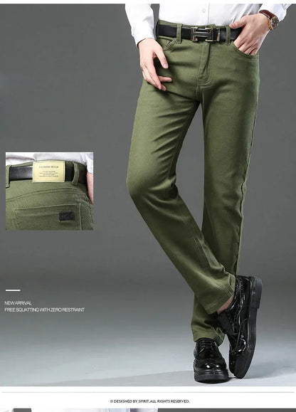 Large Size 42 44 Autumn 98% Cotton Men's Stretch Slim Jeans ArmyGreen Soft Comfortable Casual Straight Denim Pants Trousers