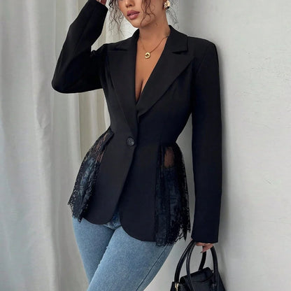 Women Color Block Blazer Lace Waist Slim Fit Office Suit Blazer Coat