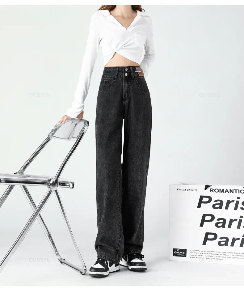 Y2K Woman Jeans High Waist Wide Leg Cotton Denim Clothing Blue White Streetwear Vintage Fashion Harajuku Straight Pants