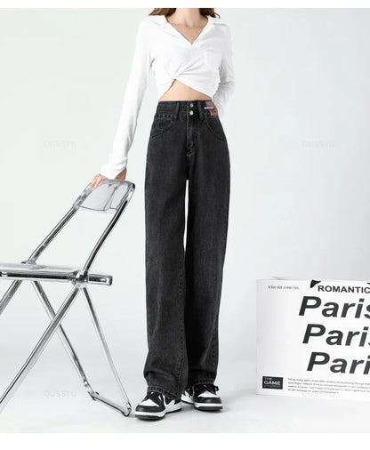 Y2K Woman Jeans High Waist Wide Leg Cotton Denim Clothing Blue White Streetwear Vintage Fashion Harajuku Straight Pants