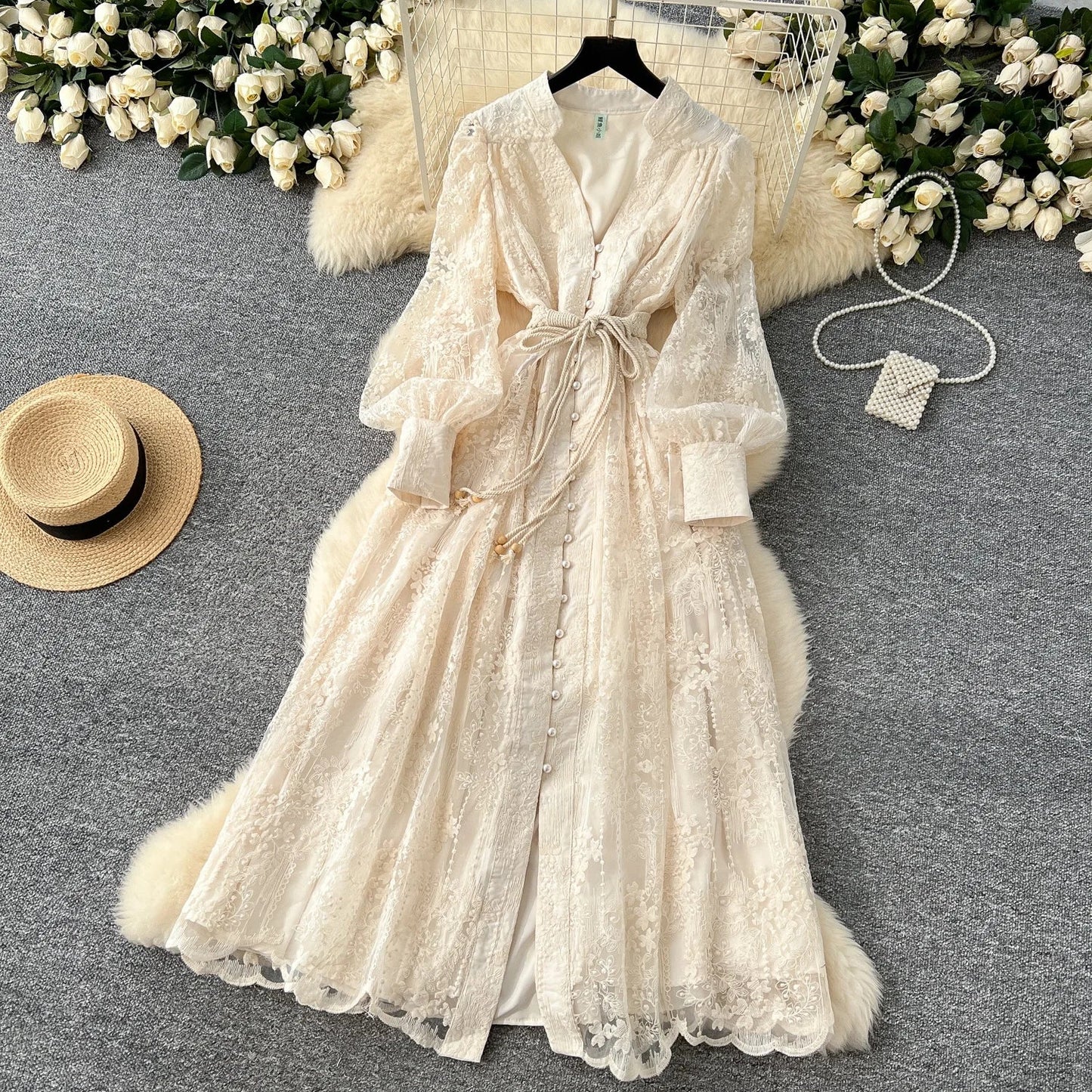 High-End Women's Dress Heavy Embroidery A-Line Long Skirt V-Neck Lantern Sleeve Single Button High Waist Korean Style Commute