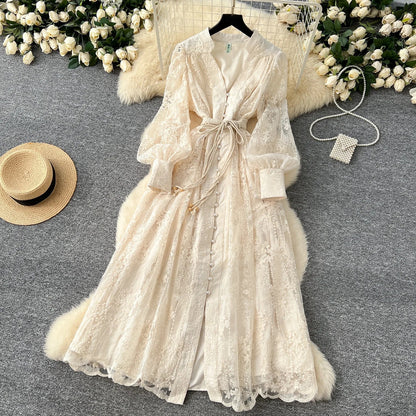 High-End Women's Dress Heavy Embroidery A-Line Long Skirt V-Neck Lantern Sleeve Single Button High Waist Korean Style Commute