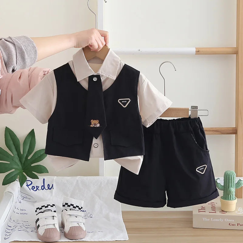 Children Baby Boys Clothes Outfits Sets Summer Kids Gentleman Tie Patchwork Vest T-Shirt 2pcs/Set Toddler Kids Clothing Sets