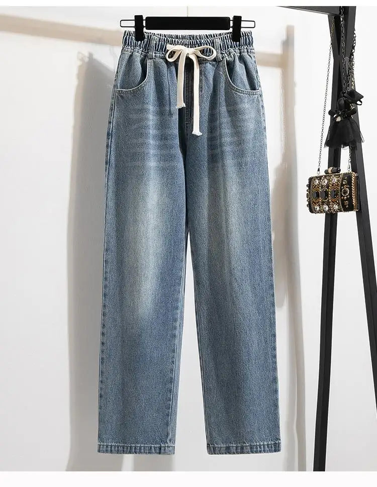 High Waist Wide Leg Cotton Denim Dstring Loose Fit Women's Autumn 2024 Slimming Effect Pure Cotton Casual Trousers