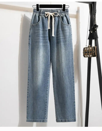High Waist Wide Leg Cotton Denim Dstring Loose Fit Women's Autumn 2024 Slimming Effect Pure Cotton Casual Trousers
