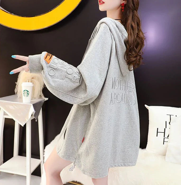 with Zipper Hooded Sweatshirt for Women Full Zip Up Embroidered Woman Tops Spring and Autumn Green Hoodies Long Dropshiping Coat