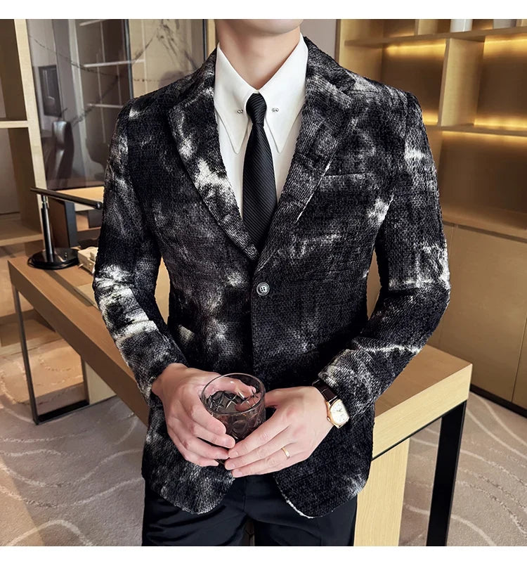 High QualityTie Dye Chenille Men Fashion Casual Suit Jacket Autumn Winter New Korean Slim Fit Social Wedding Suit Blazer