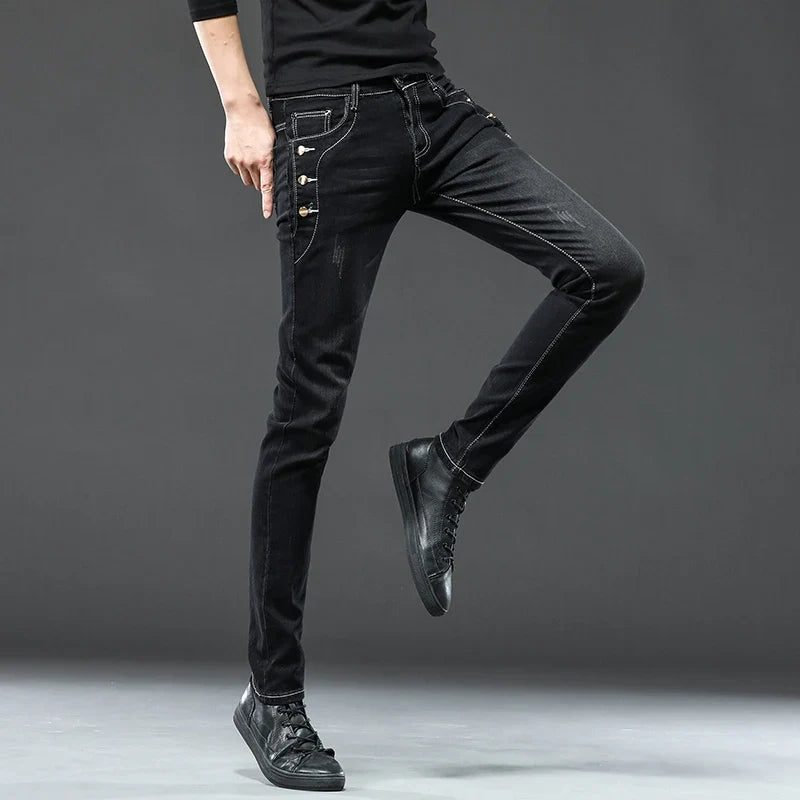 New Men Slim Korean Button Jeans Black Skinny Solid Color Stretch Multi-button Youth Male Denim Pants Streetwear