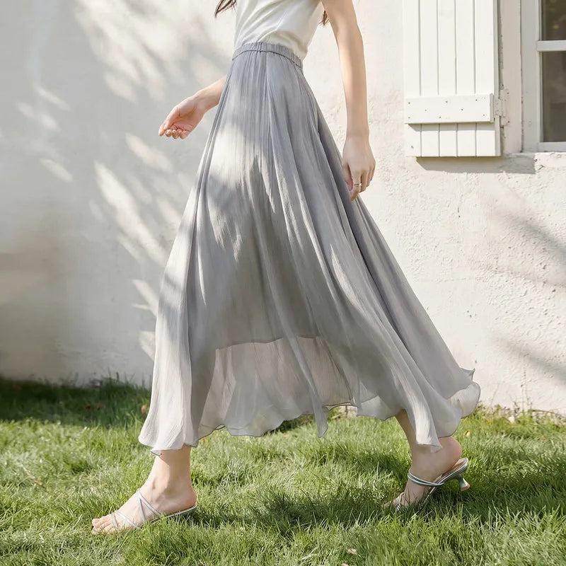 Women's Gray Elegant Skirt 2026 Summer Elastic Waist Sheen Flowy A Line Long Skirt for Woman Ladies Clothes 162QG4909