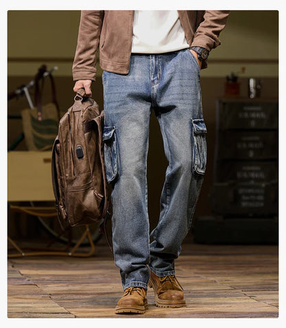 Autumn and winter new styles Men's outdoor multi-pocket cargo jeans Straight loose casual stretch fashion jeans for men