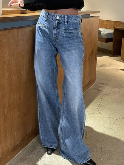 Retro High Waist Slim Fit Blue Jeans Women's Autumn Winter Straight Leg Long Pants Wide Leg Pants Classic Waed Denim
