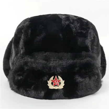 Soviet Army Military Badge Russia Ushanka Bomber Hats Pilot Trapper trooper Hat Winter Faux Rabbit Fur Earflap Men Snow Caps