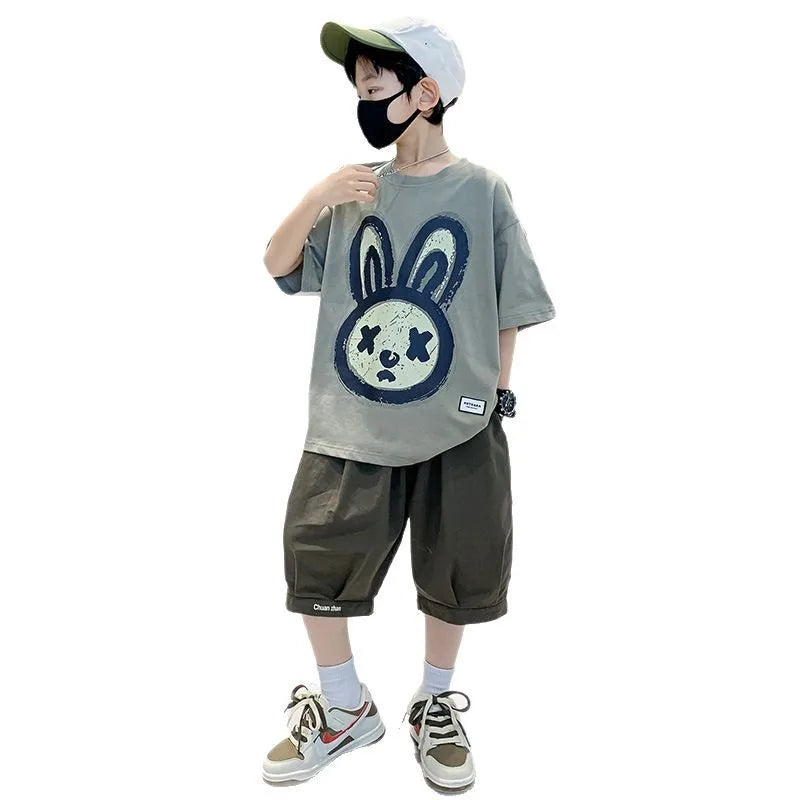 Summer Boys Cotton Leisure Cartoon Print T-Shirt Top+Shorts Pant Set School Kids 2PCS Tracksuit Children Vacation Outfit 5-16Yr