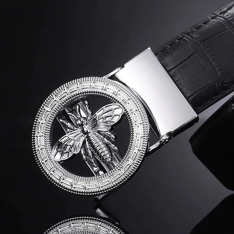 High-End Men's Casual Leather Belt; Small Bee Automatic Buckle Belt; Business Versatile Bamboo Texture Belt.