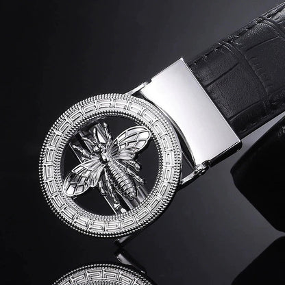 High-End Men's Casual Leather Belt; Small Bee Automatic Buckle Belt; Business Versatile Bamboo Texture Belt.