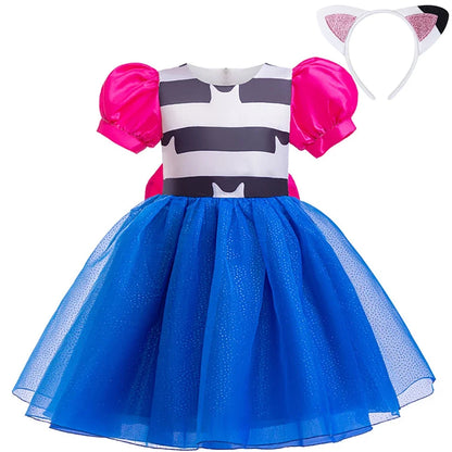 Girls Striped Bubble Sleeve Princess Dress Gabby Doll Cat Hous Cosplay Bow Mesh Fluffy Costume Kid Halloween Birthday Party Gown