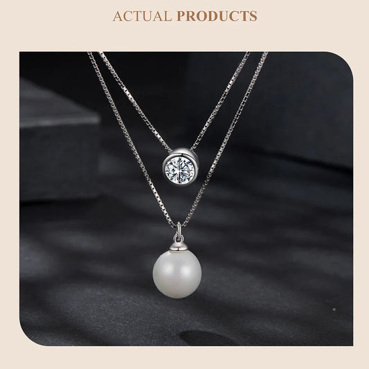 Moissanite Pearl Necklaces for Women, Dainty 925 Sterling Silver Choker Double Layer Necklace Elegant Jewelry Necklaces