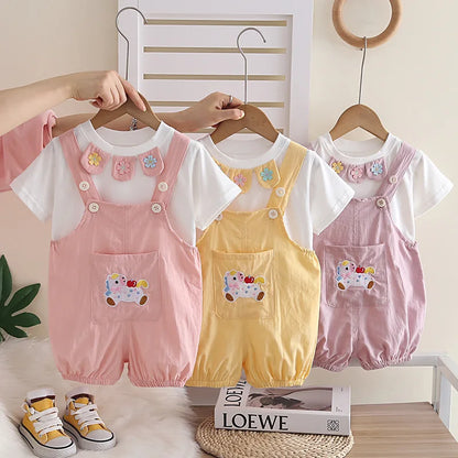 New Summer Suits for Baby Chinese Embroidery Kids Tshirt +Cartoon Horse Overalls 2pcs/sets Toddler Girl Fashion Clothing Outfits