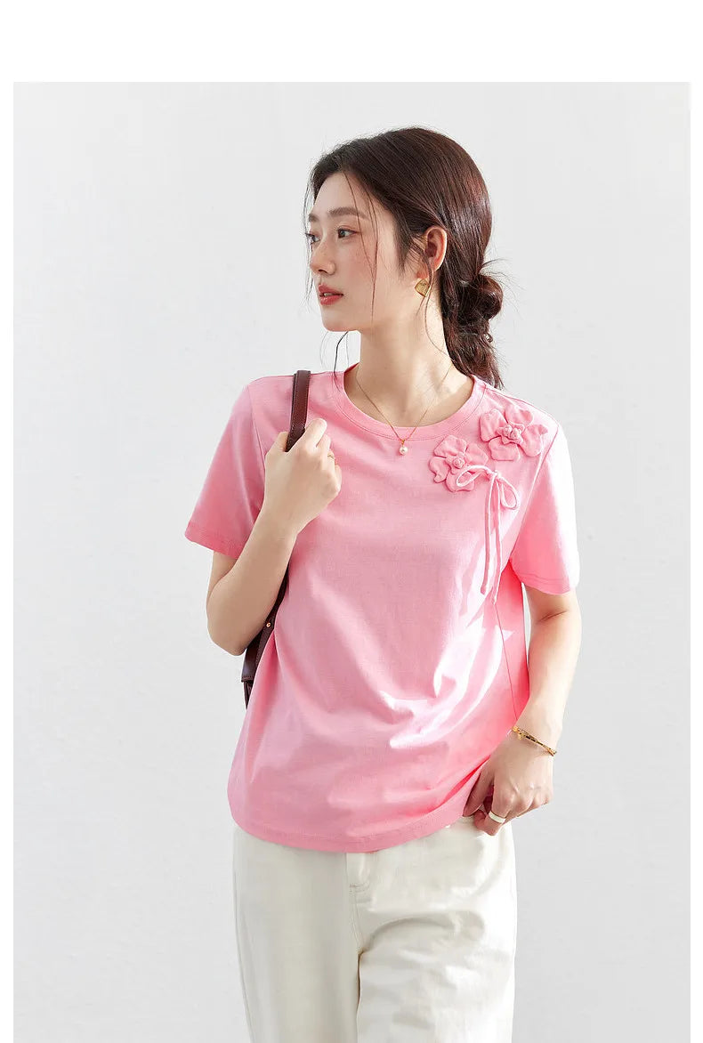 100% Cotton Summer T-Shirt Women 2026 Pink Tees Fashion Heavy 3D Floral Casual Crew Neck Short Sleeve Top A6182