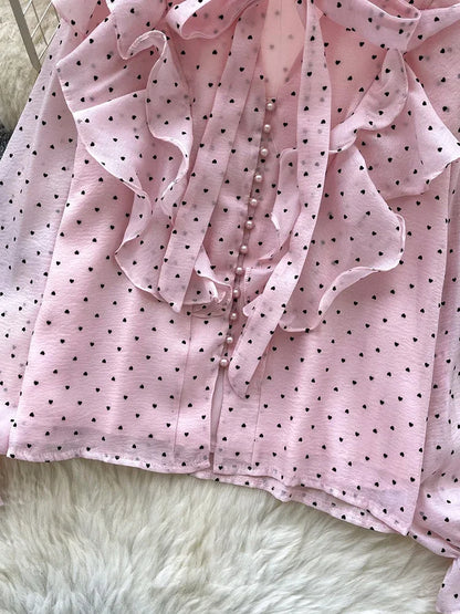 French Sweet Long Sleeved Blouse Women's Clothing Spring Autumn Bow Ruffle Edge Polka Dot Printed Chiffon Shirt Top C42