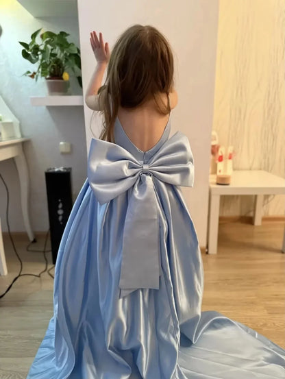 Ivory Flower Girl Dress With Bow Strap Mini Bridal Wedding Dress Kids Ball Gown 1st Communion Frock Customized Vestidos De Noiva