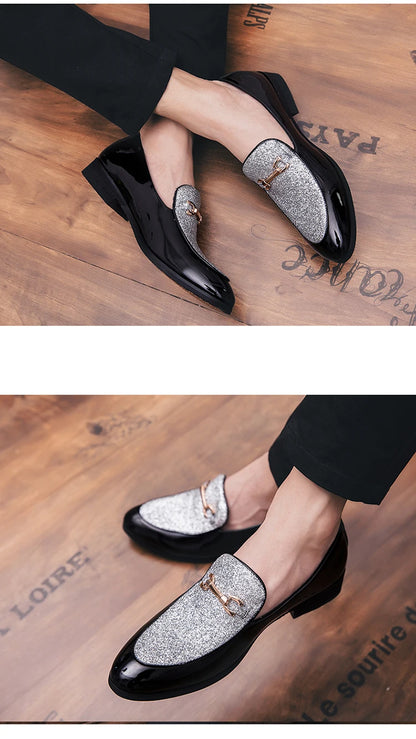 Men's pointed suede formal shoes, retro new patchwork loafers mixed with slipper shoes, wedding dress leather shoes