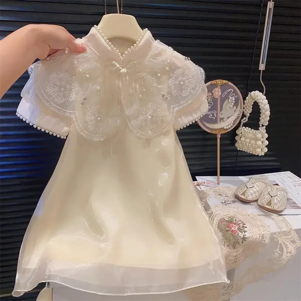 Summer New Chinese Style Elegant White Lace Flower Embroidered Short Sleeve Dress Sweet Girl's Clothes 2-7 Year Old Cheongsam