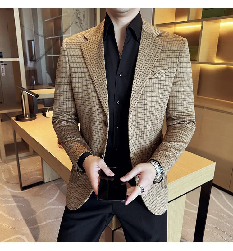 British Style Plaid Suit Jacket For Men 2025 New Business Casual Slim Blazer Formal Wedding Party Suit Dress Coats Men Clothing