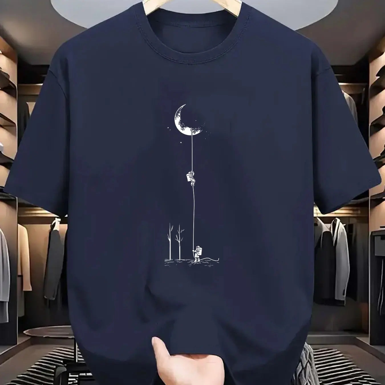 Summer Men's 100% Pure Cotton Casual Loose Fit Plus Size Moon Landing Pattern Printed Round Neck Short Sleeved T-shirt Top