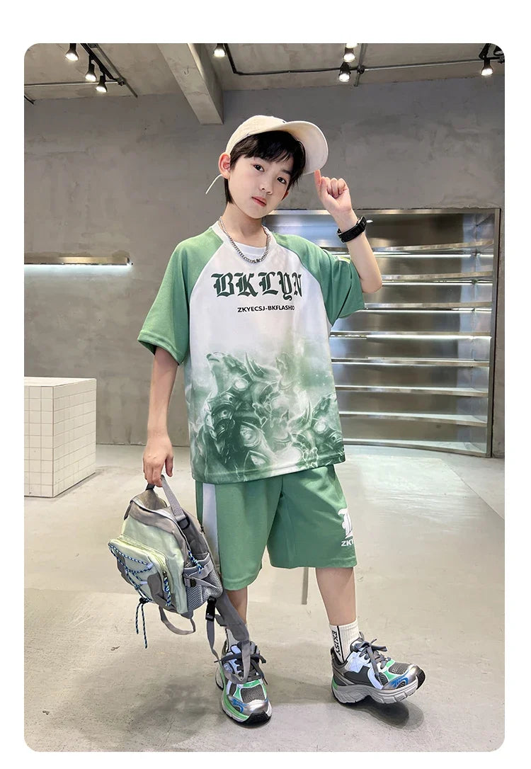 New Boys Clothing Sets Summer T-Shirt Short Sleeve+Shorts Kids Boy Sportsuit Children's Outfits Suit Teenager 5 6 8 10 12 14Yrs